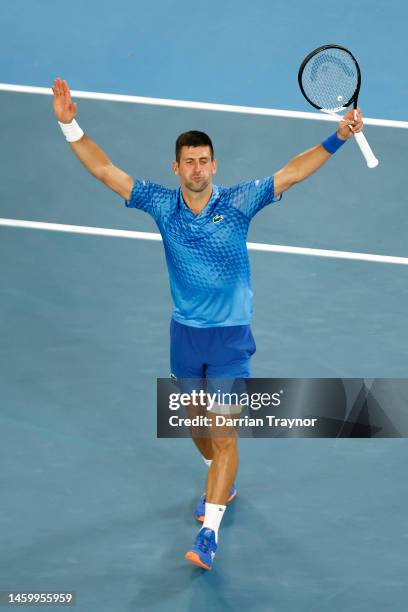 Novak Djokovic of Serbia celebrates winning in the Semifinal singles match against Tommy Paul of the United States during day 12 of the 2023...