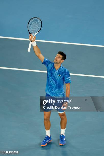 Novak Djokovic of Serbia celebrates winning in the Semifinal singles match against Tommy Paul of the United States during day 12 of the 2023...