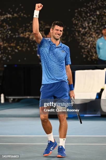 Novak Djokovic of Serbia celebrates winning in the Semifinal singles match against Tommy Paul of the United States during day 12 of the 2023...