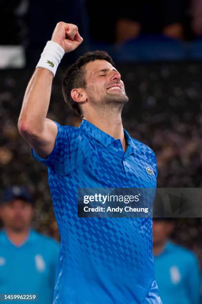 Novak Djokovic of Serbia celebrates victory in the Semifinal singles match against Tommy Paul of the United States during day 12 of the 2023...