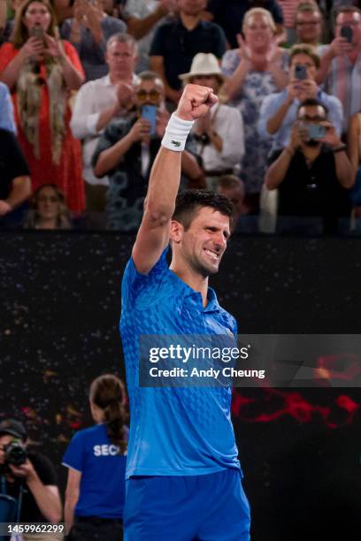 Novak Djokovic of Serbia celebrates victory in the Semifinal singles match against Tommy Paul of the United States during day 12 of the 2023...