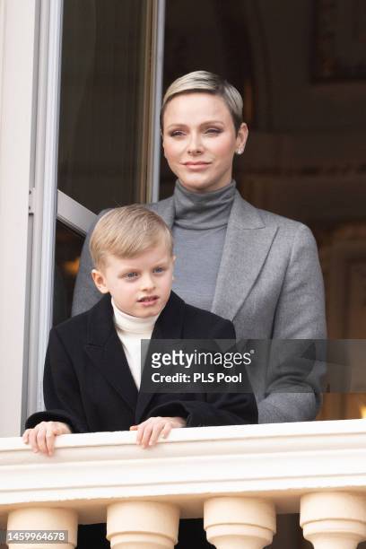 Princess Charlene of Monaco and Prince Jacques of Monaco attend the Ceremony Of The Sainte-Devote on January 27, 2023 in Monaco, Monaco.