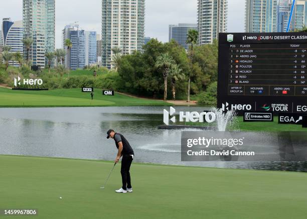 Ludwig Aberg of Sweden hits a putt on the 18th hole during the completion of the first round on Day Two the Hero Dubai Desert Classic on the Majlis...