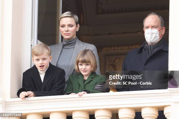 Princess Charlene of Monaco, Prince Jacques of Monaco, Princess Gabriella of Monaco and Prince Albert II of Monaco appear at the Palace balcony...