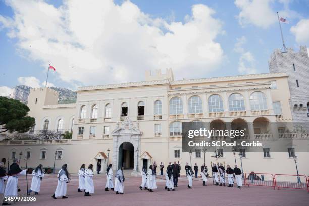 General view of the Monaco Palace during the Ceremony Of The Sainte-Devote on January 27, 2023 in Monaco, Monaco.