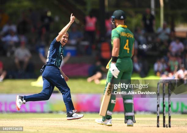 Olly Stone of England celebrates taking the wicket of Aiden Markram of South Africa pduring the 1st One Day International between South Africa and...