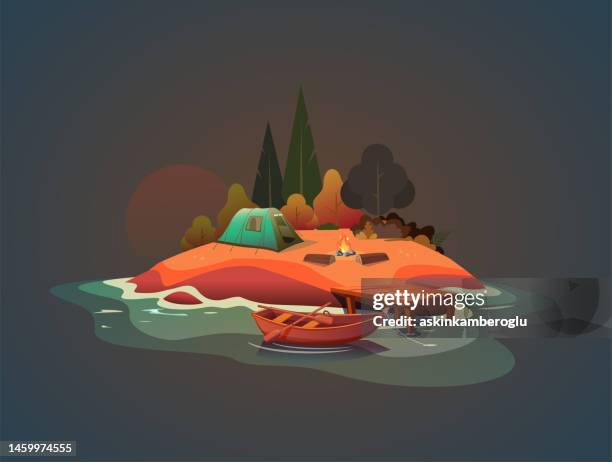 summer camp in island - beach campfire stock illustrations