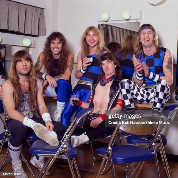 Heavy metal band Iron Miaden, photo shoot backstage before appearing at Nakano-Sun-Plaza, Tokyo, Japan, 14 April 1985. L-R Bruce Dickinson, Steve...