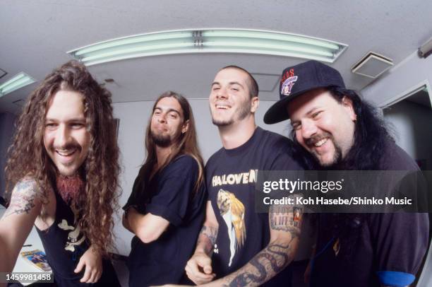 Pantera, group portrait during interview session, Tokyo, Japan, 14 June 1992. L-R Dimebag Darrell, Rex Brown, Phil Anselmo, Vinnie Paul.