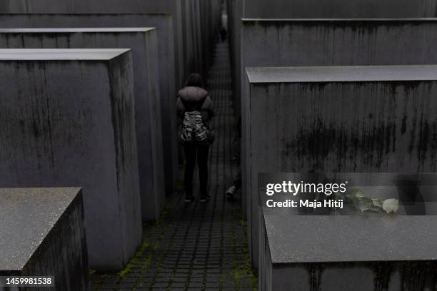 Rose is placed on the Holocaust Memorial on the International Holocaust Remembrance Day on January 27, 2023 in Berlin, Germany. Holocaust Remembrance...