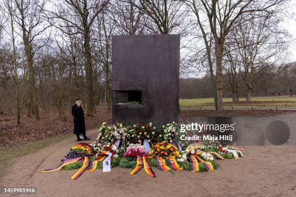 Wreaths are placed at the main memorial that commemorates homosexual victims of persecution by the Nazis on January 27, 2023 in Berlin, Germany....