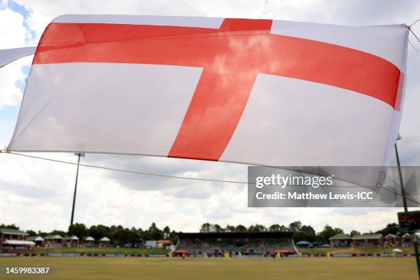 General view of an England flag flying next to the pitch during the ICC Women's U19 T20 World Cup 2023 Semi Final match between England and Australia...