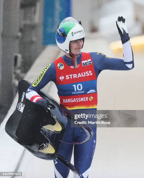 Madeleine Egle of Austria reacts after the Luge Sprint Women's Final during day 1 of the FIL Luge World Championships on January 27, 2023 in Oberhof,...