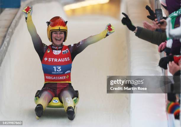 Julia Taubitz of Germany reacts after the Luge Sprint Women's Final during day 1 of the FIL Luge World Championships on January 27, 2023 in Oberhof,...