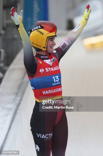 Julia Taubitz of Germany reacts after the Luge Sprint Women's Final during day 1 of the FIL Luge World Championships on January 27, 2023 in Oberhof,...