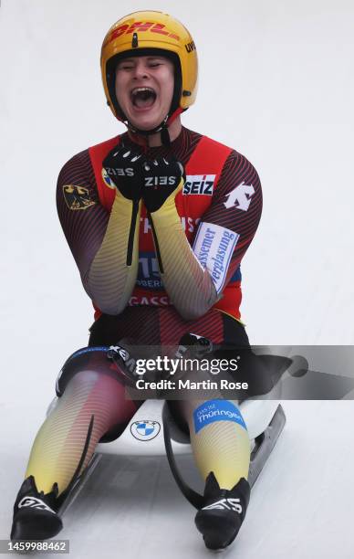 Dajana Eitberger of Germany reacts after winning the gold in the Luge Sprint Women's Final during day 1 of the FIL Luge World Championships on...