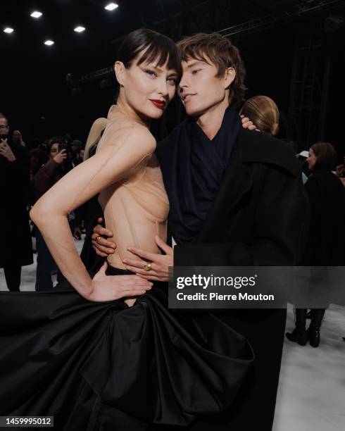 Shalom Harlow and Jordan Barrett attend the Mugler Fall Winter 2022/23 Haute Couture show at Grande Halle de La Villette, as part of Paris Fashion...