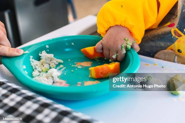 baby's hand grabbing food from a plate - acompanhamento imagens e fotografias de stock