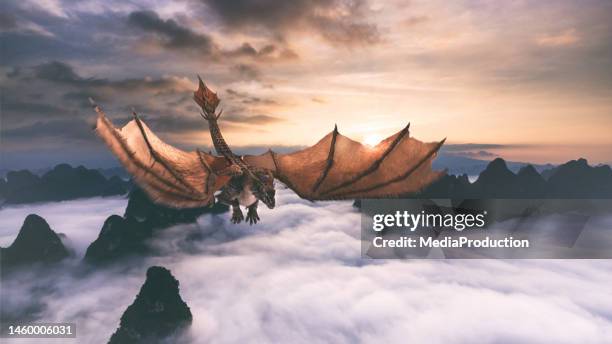dragón volando sobre nubes ondulantes al amanecer hacia la cámara - dragón fotografías e imágenes de stock