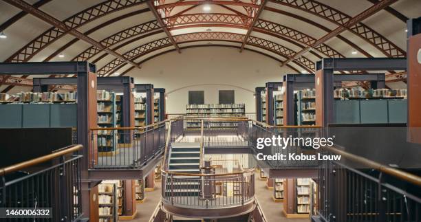 library with books for reading, interior and story, knowledge and information for education and learning. bookshelf, academic and fiction with research and study, book choice of library books - archives stockfoto's en -beelden