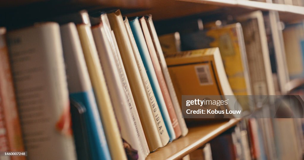 Library, research and row of books on bookshelf for reading, knowledge and educational learning. University bookstore, information and zoom of shelves with textbook, academic journal or literature