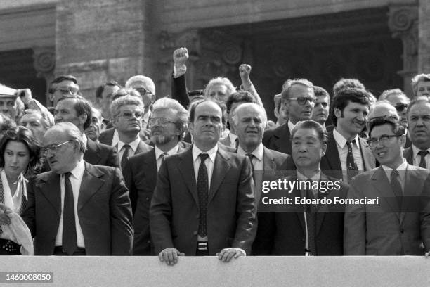 View of attendees at Italian politician Enrico Berlinguer' funeral, Rome, Italy, June 13, 1984. Among those pictured are General Secretary of the...