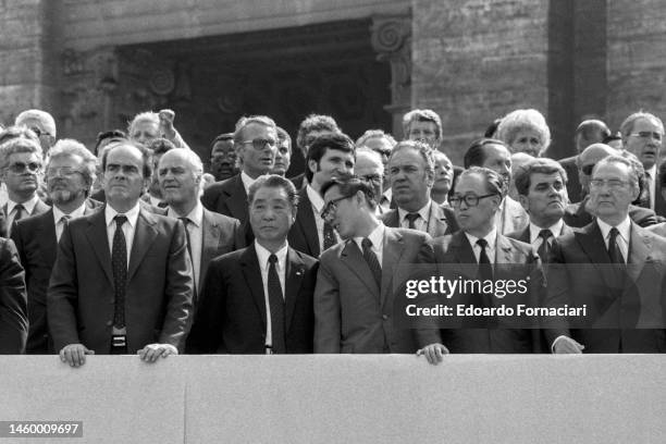 View of attendees at Italian politician Enrico Berlinguer' funeral, Rome, Italy, June 13, 1984. Among those pictured are General Secretary of the...