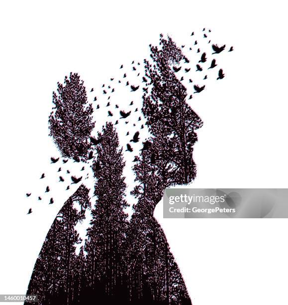 native american man, trees and birds with glitch technique - virtual mindfulness stock illustrations