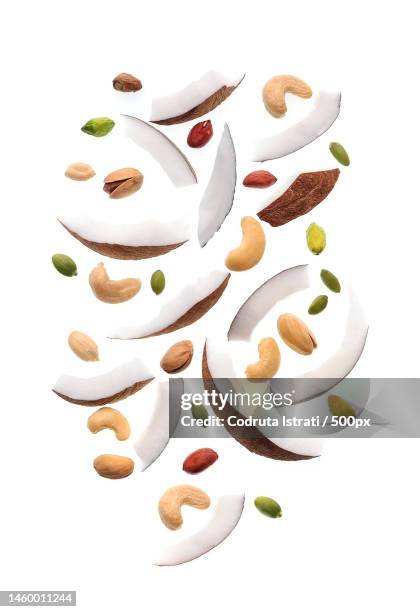 high angle view of food over white background,romania - cashew pieces stock pictures, royalty-free photos & images