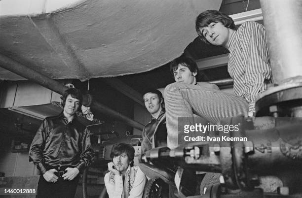English pop and rock group the Hollies posed at BBC Television Centre in London in February 1967. Members of the band are, from left, Allan Clarke,...