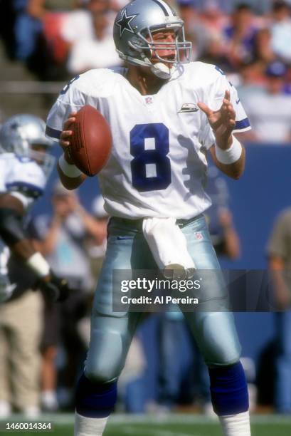 Quarterback Troy Aikman of the Dallas Cowboys looks to pass the ball during the Dallas Cowboys vs the New York Giants game on October 15, 2000 at...
