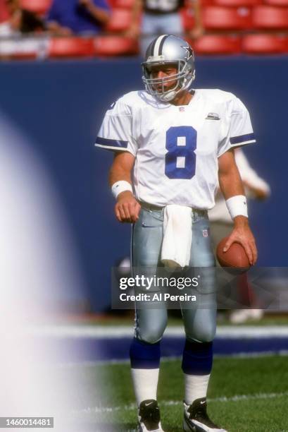 Quarterback Troy Aikman of the Dallas Cowboys warms up during the Dallas Cowboys vs the New York Giants game on October 15, 2000 at Giants Stadium in...