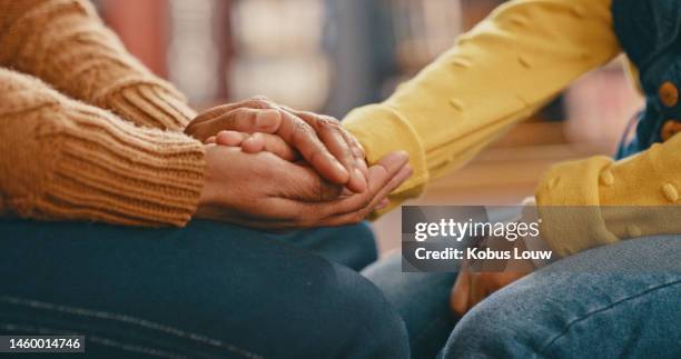hands, love and care touching in support, trust or unity for community, compassion or understanding. people holding hands in respect for loss, affection or passion for listening, talk or time - tröstande bildbanksfoton och bilder