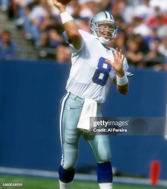 Quarterback Troy Aikman of the Dallas Cowboys passes the ball during the Dallas Cowboys vs the New York Giants game on October 15, 2000 at Giants...