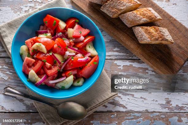 tomato cucumber salad - tomato salad stock pictures, royalty-free photos & images