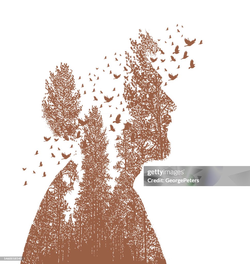 Hombre nativo americano, árboles y pájaros