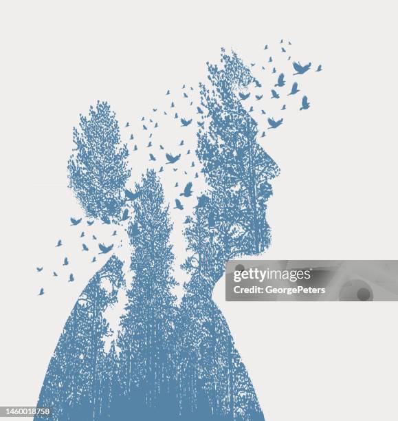 stockillustraties, clipart, cartoons en iconen met native american man, trees and birds - spirituele verlichting