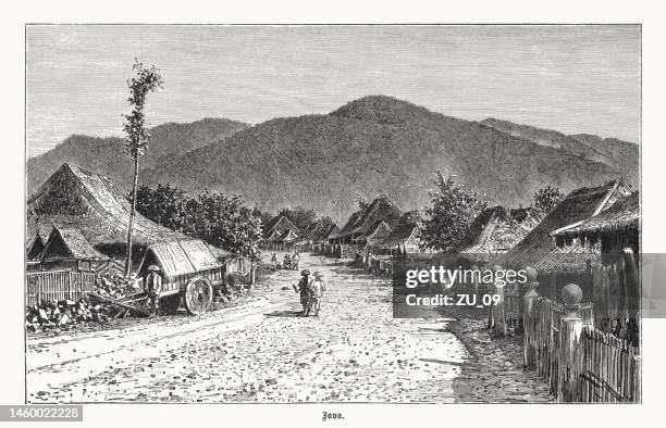 stockillustraties, clipart, cartoons en iconen met mountain village in java, indonesia, wood engraving, published in 1899 - java