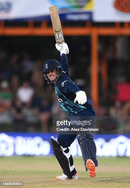 Jason Roy of England celebrates his 100 during the 1st One Day International between South Africa and England at Mangaung Oval on January 27, 2023 in...