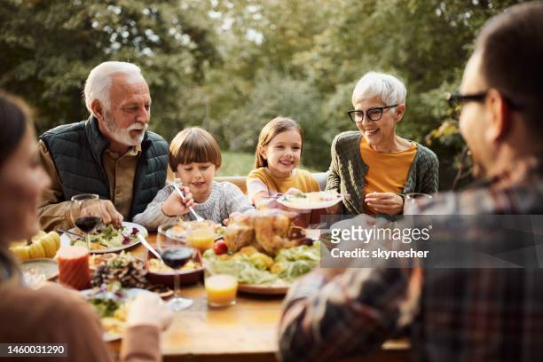 glückliche mehrgenerationenfamilie beim mittagessen in der natur. - essen mund benutzen stock-fotos und bilder