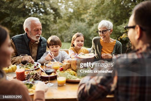 Família feliz de várias gerações almoçando na natureza. Família feliz de várias gerações almoçando na natureza.