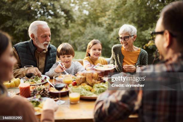 happy multi-generation family having lunch in nature. - family eat imagens e fotografias de stock