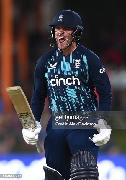 Jason Roy of England celebrates his 100 during the 1st One Day International between South Africa and England at Mangaung Oval on January 27, 2023 in...