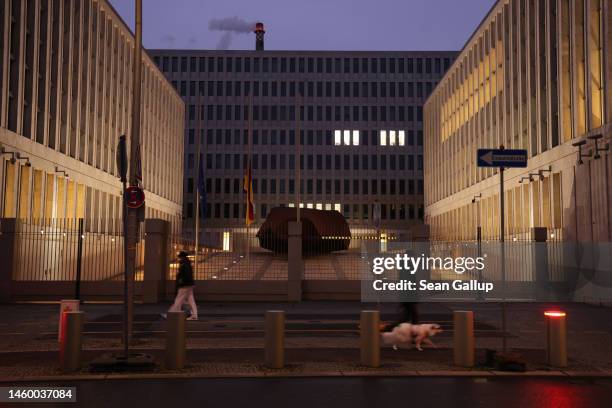 People walk past the headquarters of the Bundesnachrichtendienst, or BND, Germany's foreign intelligence agency, stands on January 27, 2023 in...