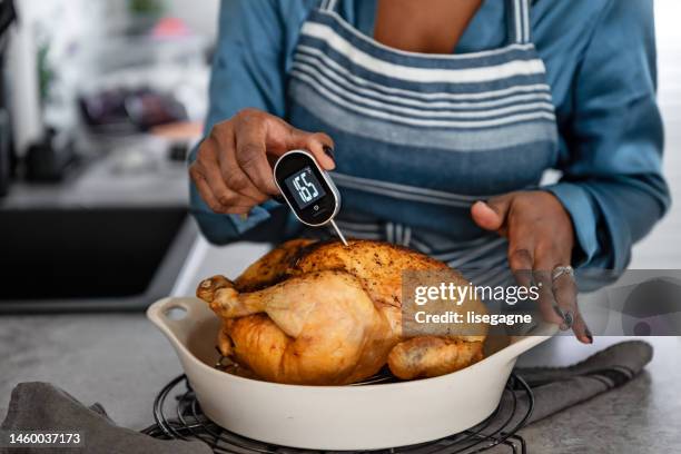 pollo cucinato alla perfezione - termometro foto e immagini stock