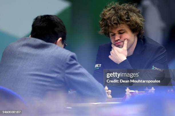 Magnus Carlsen of Norway competes against Wesley So of USA in Round 11 of the Masters Tata Steel Chess Tournament 2023 on January 27, 2023 in Wijk...