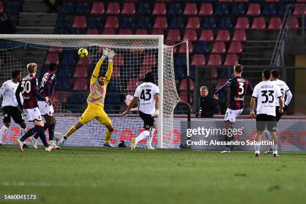 Stefan Posch of Bologna FC scores their team's first goal during the Serie A match between Bologna FC and Spezia Calcio at Stadio Renato Dall'Ara on...