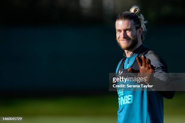 Goalkeeper Loris Karius waves to the camera during the Newcastle United Training Session at the Newcastle United Training Centre on January 27, 2023...