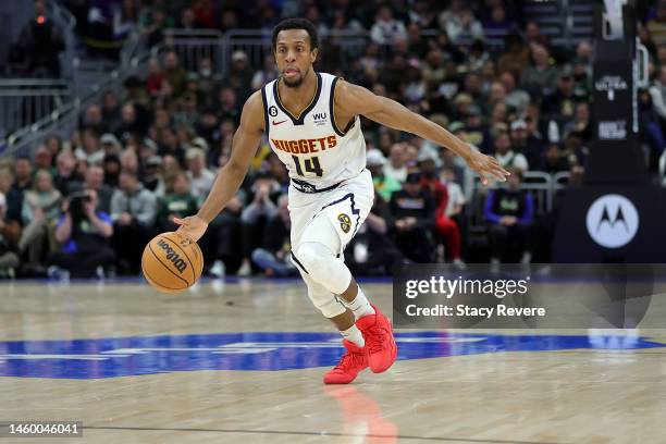 Ish Smith of the Denver Nuggets handles the ball during a game against the Milwaukee Bucks at Fiserv Forum on January 25, 2023 in Milwaukee,...