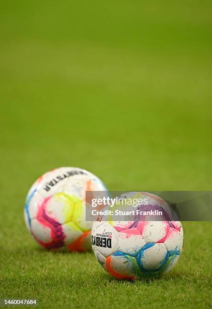 Detailed view of a Derbystar by Select Bundesliga Match Ball prior to the Bundesliga match between RB Leipzig and VfB Stuttgart at Red Bull Arena on...